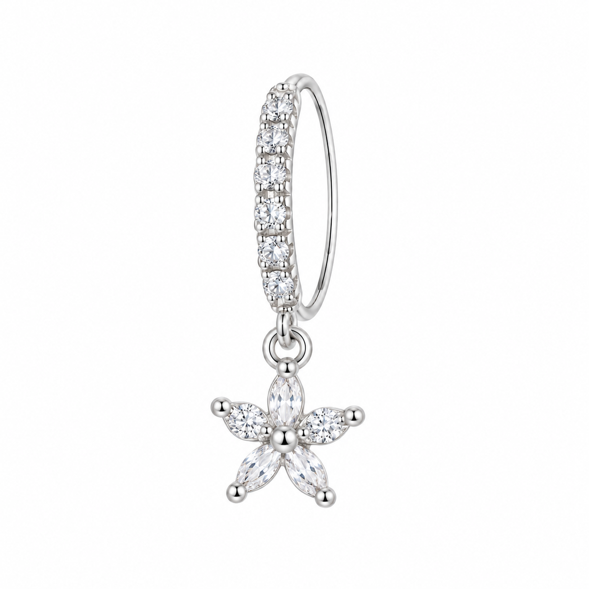 Joy Jewelry Silver Tone Flower dangling nose hoop with curved back — DH03