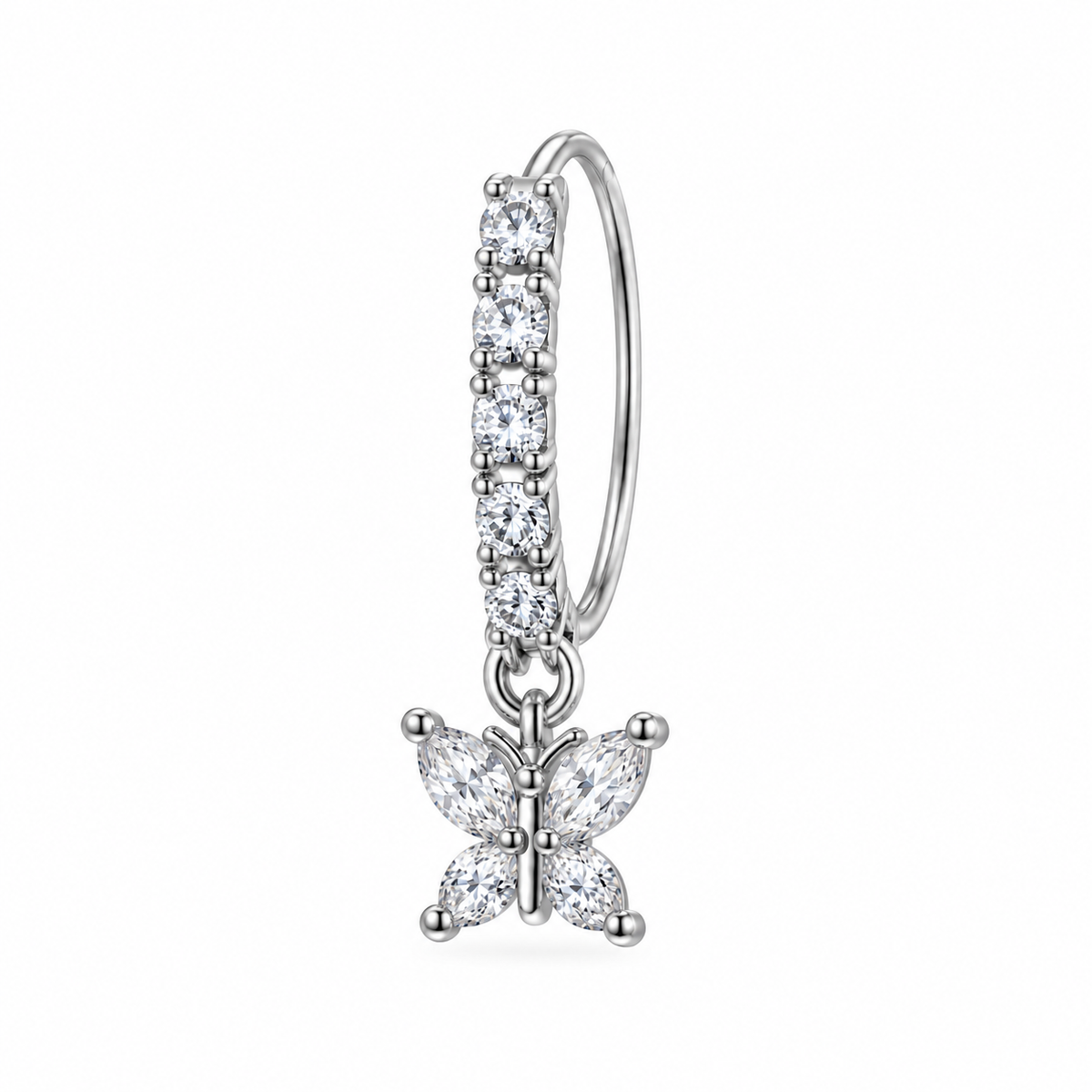 Joy Jewelry Silver Tone Butterfly dangling nose hoop with curved back — DH07