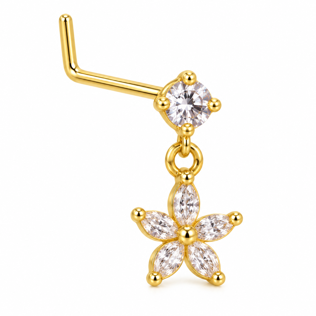 DL04 Gold Tone Five-Petal Flower dangling nose stud with visible L-shaped post
