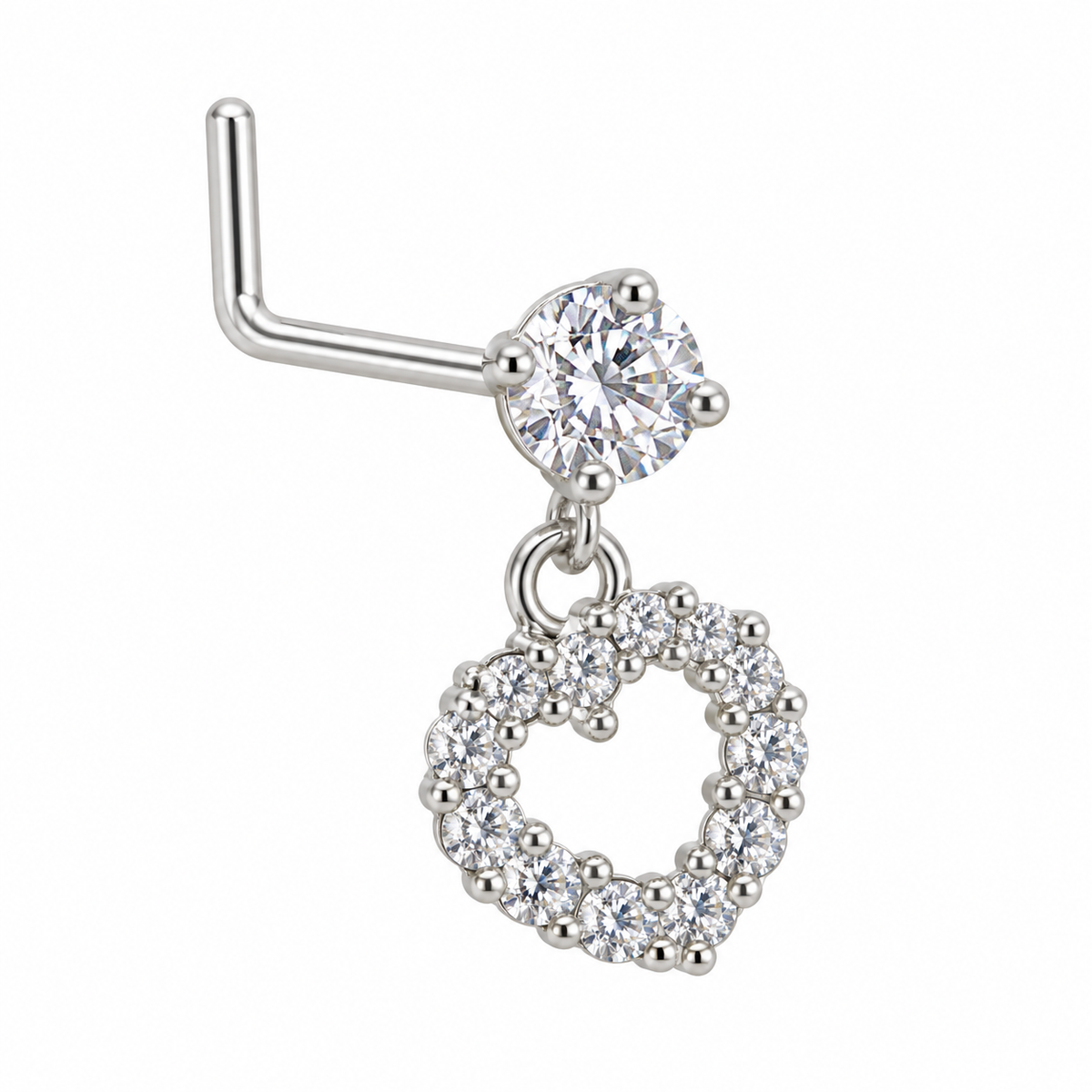 DL05 Silver Tone Open Heart dangling nose stud with visible L-shaped post