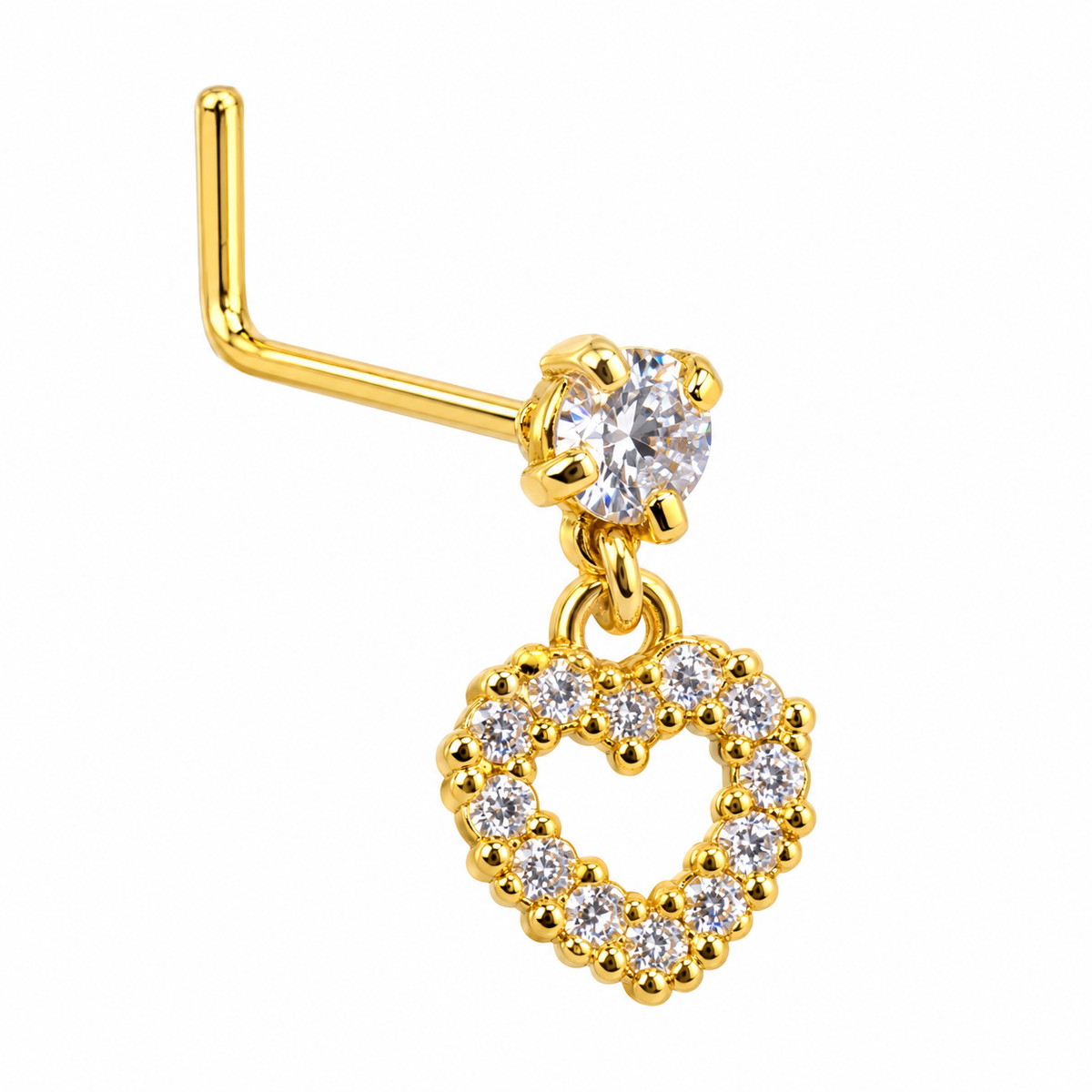 DL06 Gold Tone Open Heart dangling nose stud with visible L-shaped post