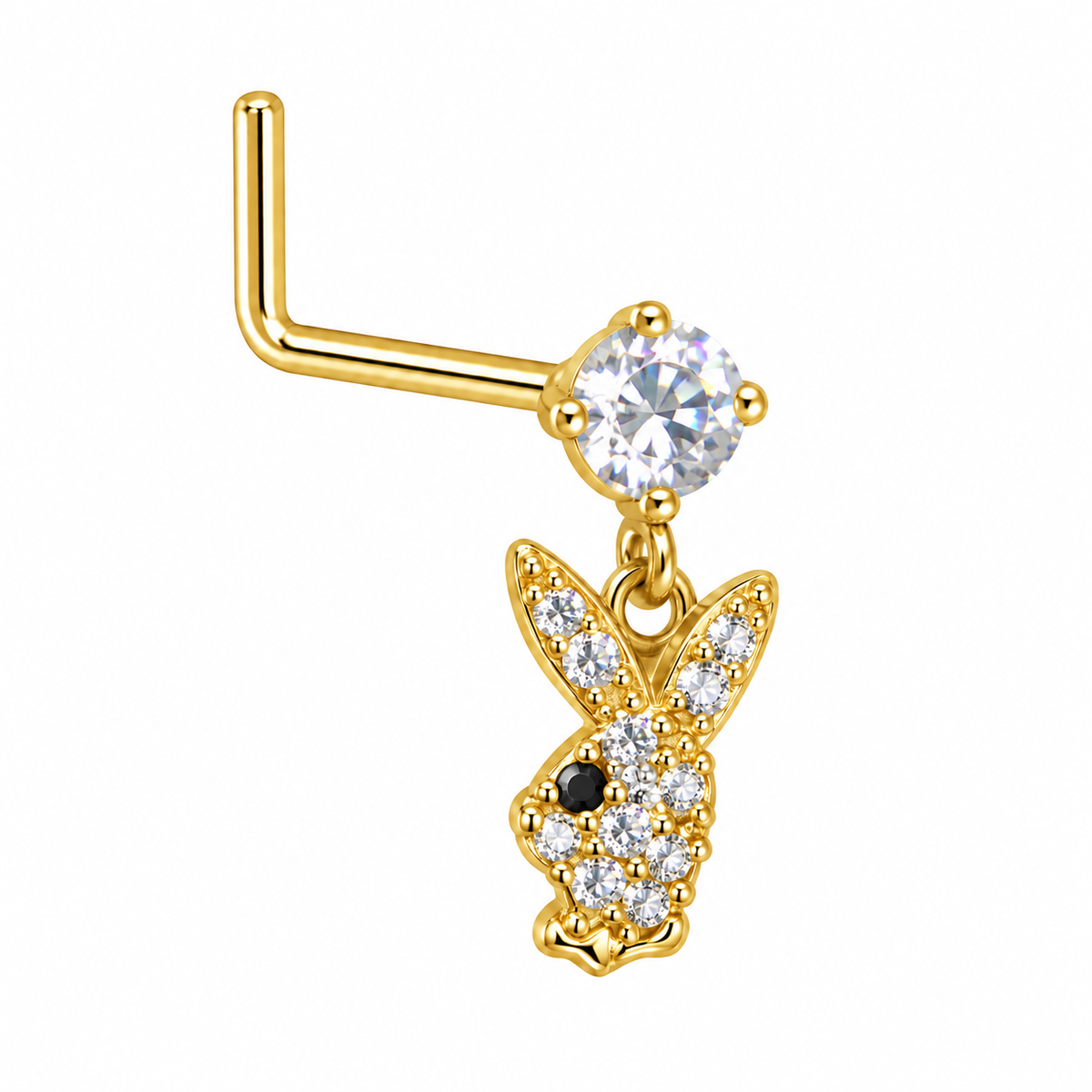DL10 Gold Tone Bunny dangling nose stud with visible L-shaped post