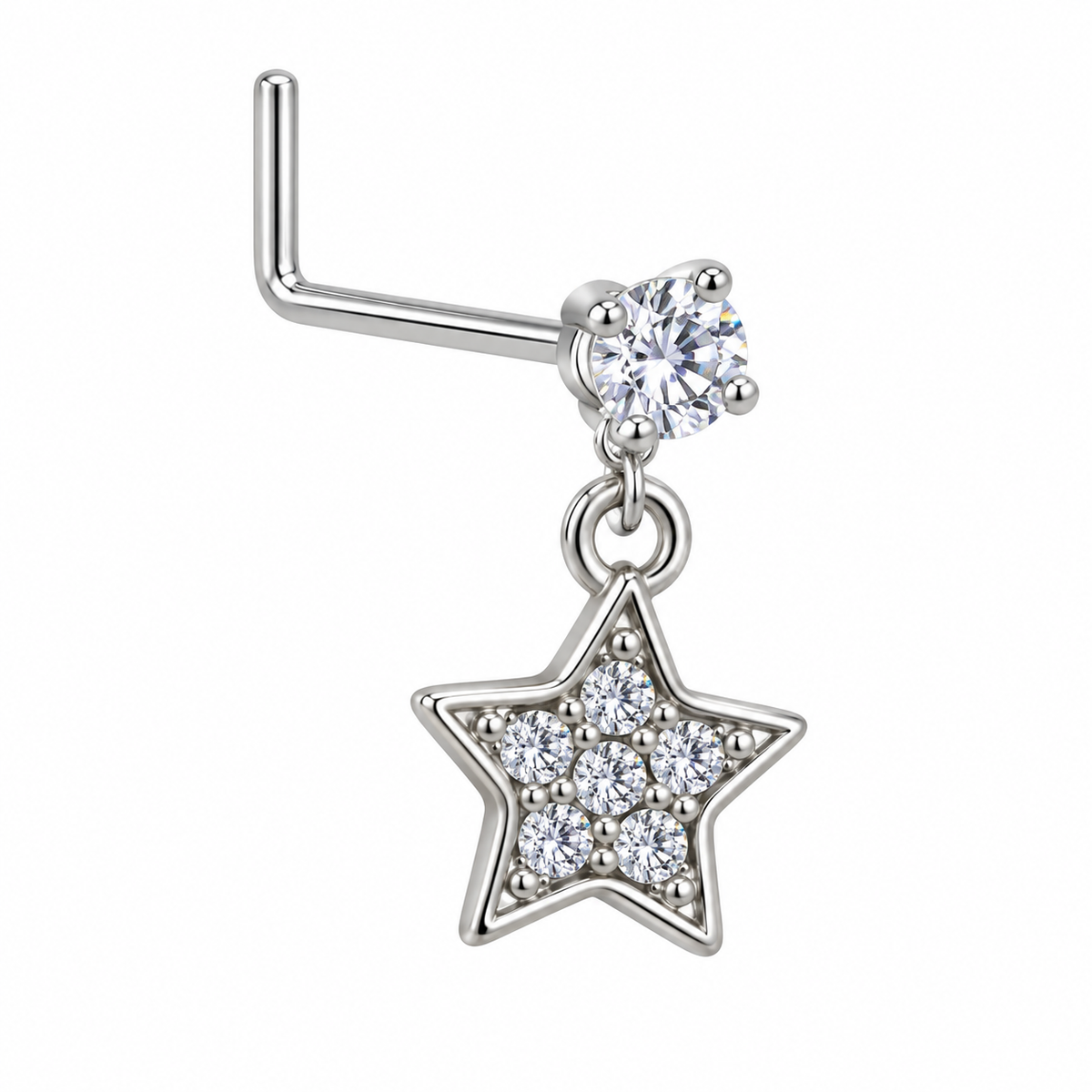DL13 Silver Tone Star dangling nose stud with visible L-shaped post