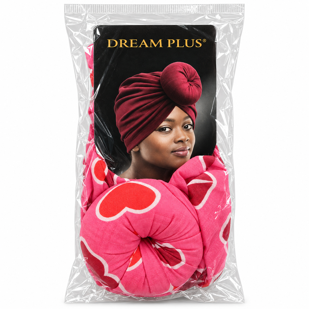 Dream Plus Printed Front Knot Turban Pink Hearts front package