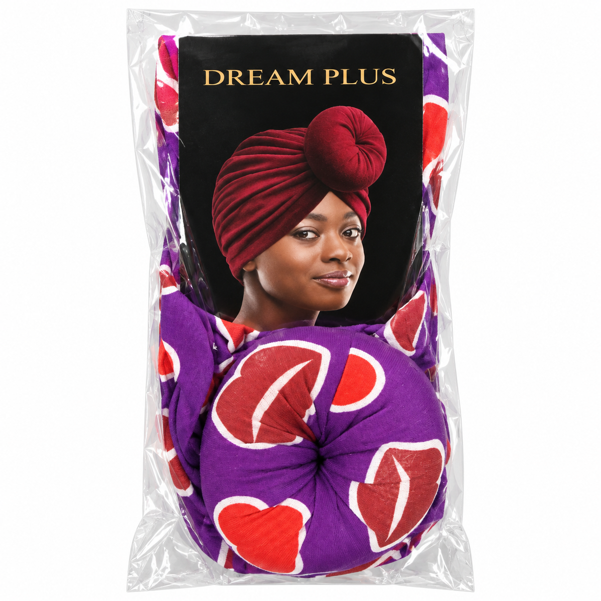 Dream Plus Printed Front Knot Turban Purple Hearts front package
