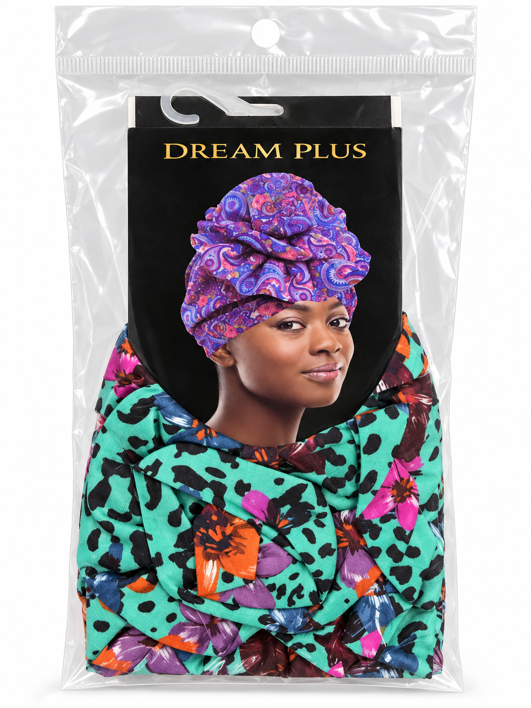 Dream Plus mint floral leopard printed turban, front view