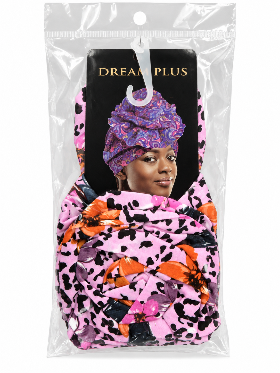 Dream Plus pink floral leopard printed turban, front view