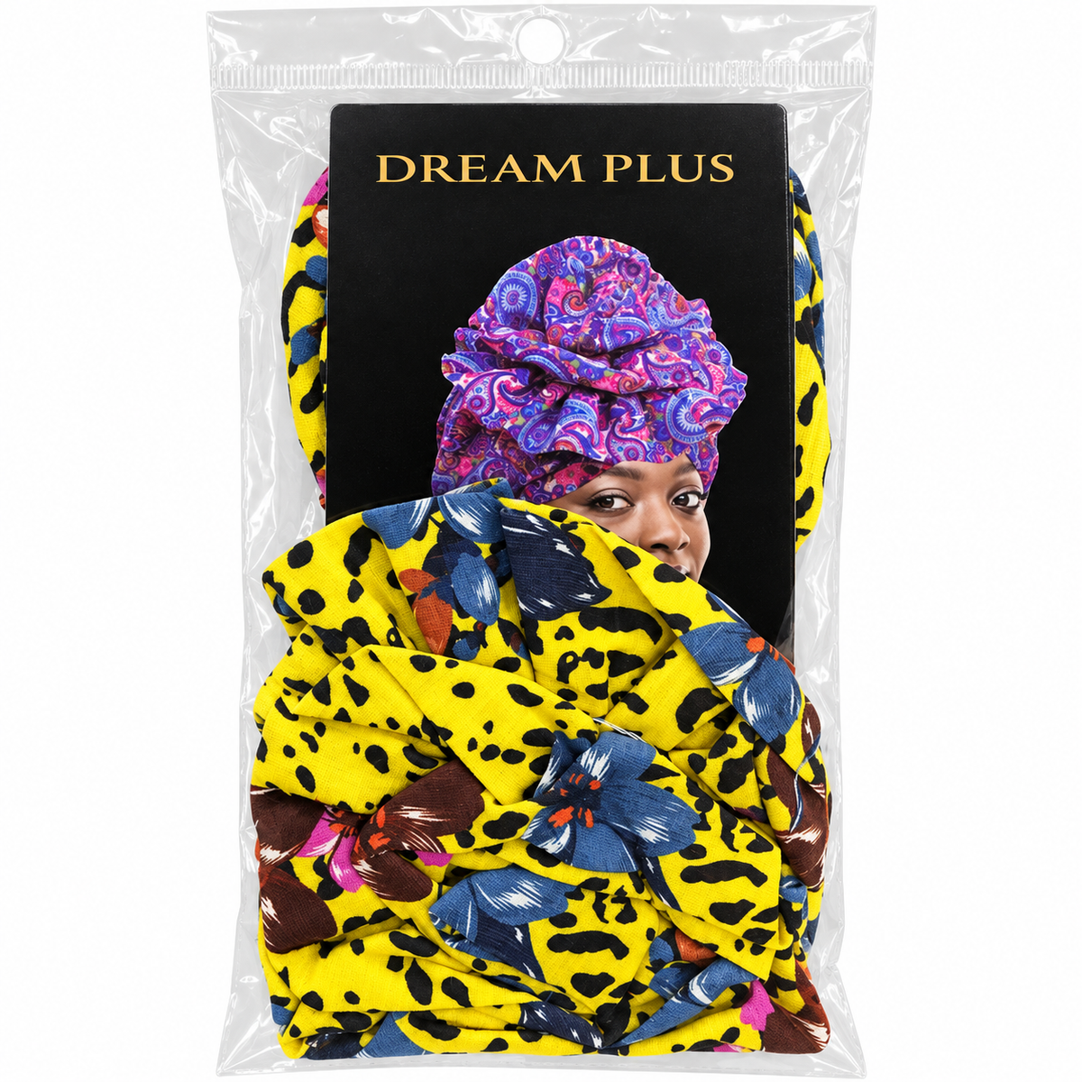Dream Plus Printed Turban Yellow Floral Leopard front package