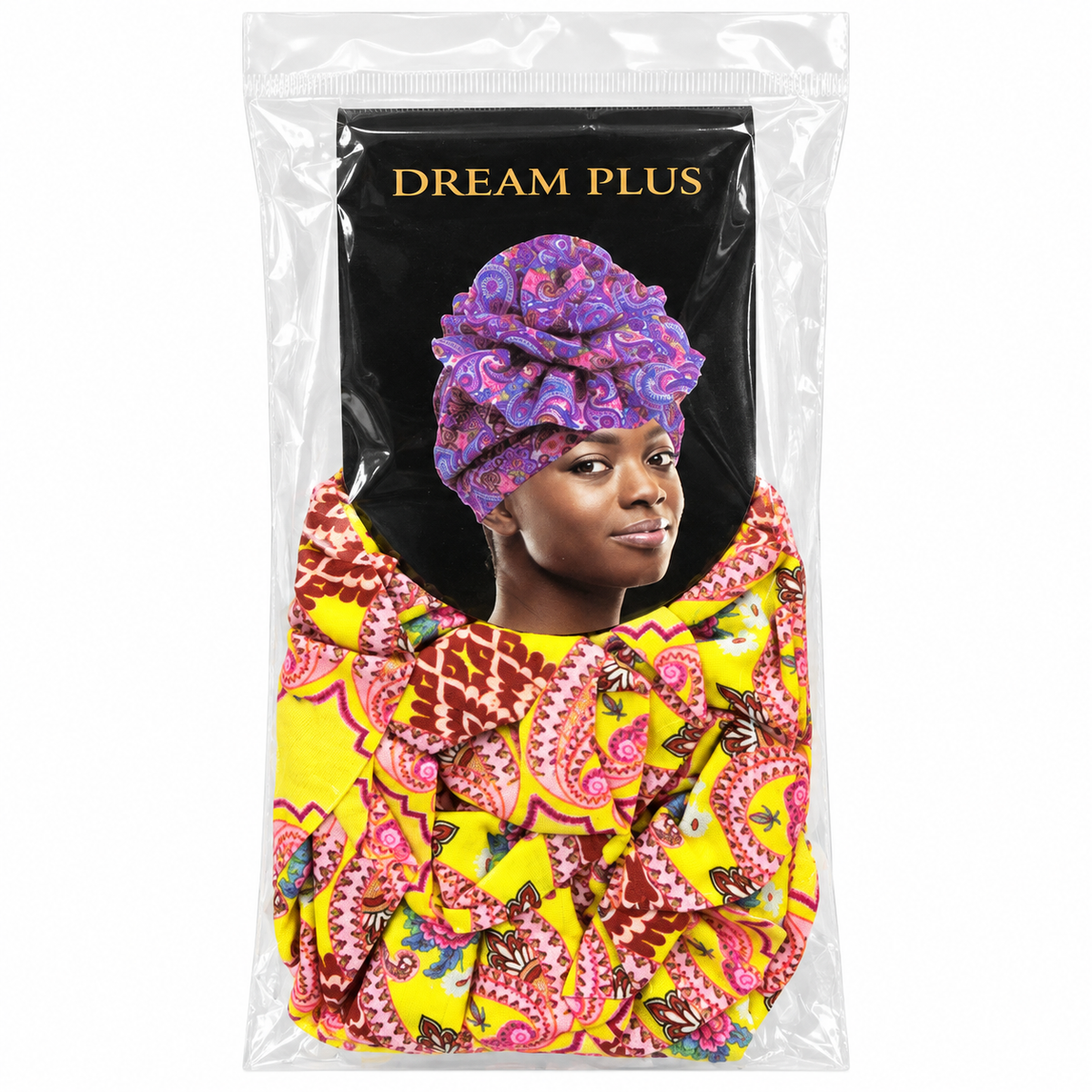 Dream Plus Printed Turban Yellow Pink Paisley front package