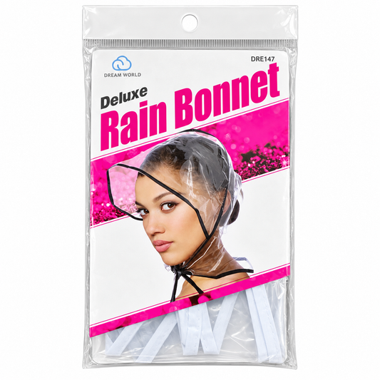 Dream World DRE147 Deluxe Rain Bonnet Clear front package with visor peak