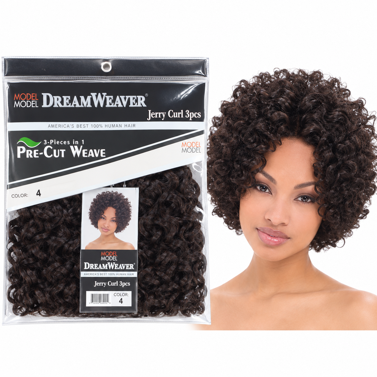 Model Model DreamWeaver Jerry Curl 3-piece human hair weave model and color 4 package