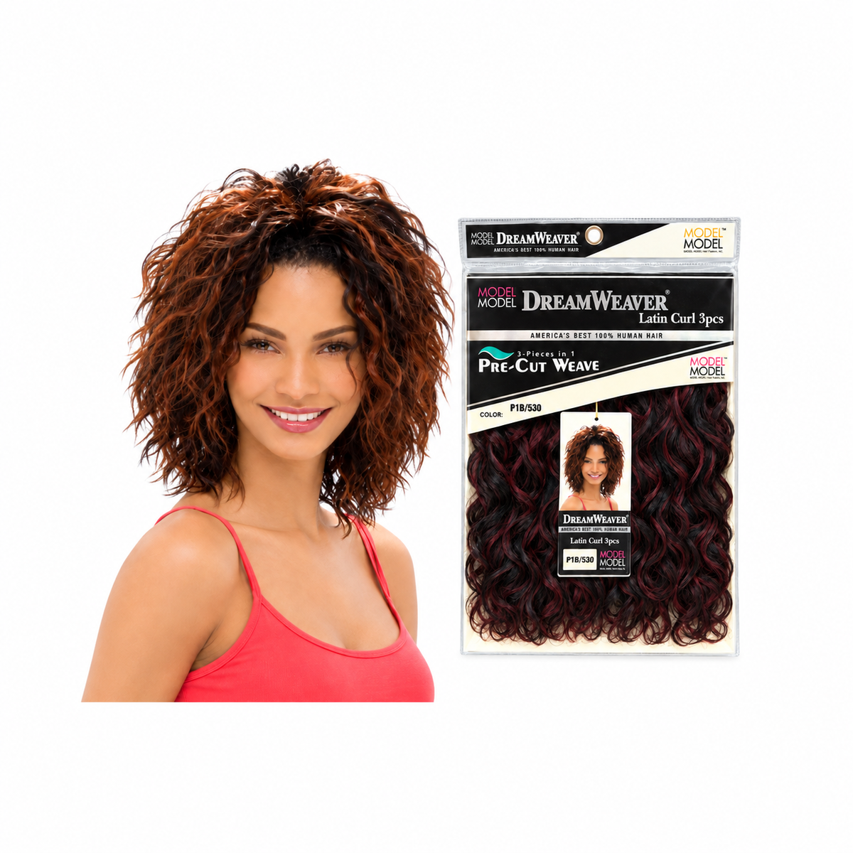 Model Model DreamWeaver Latin Curl model beside full P1B/530 package on white