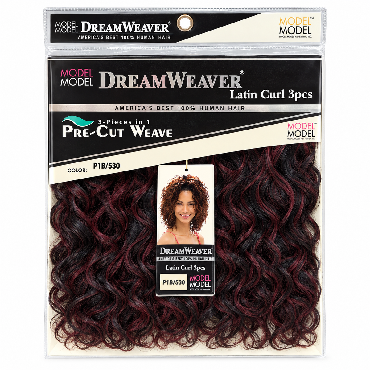 Model Model DreamWeaver Latin Curl 3-piece human hair weave package color P1B/530