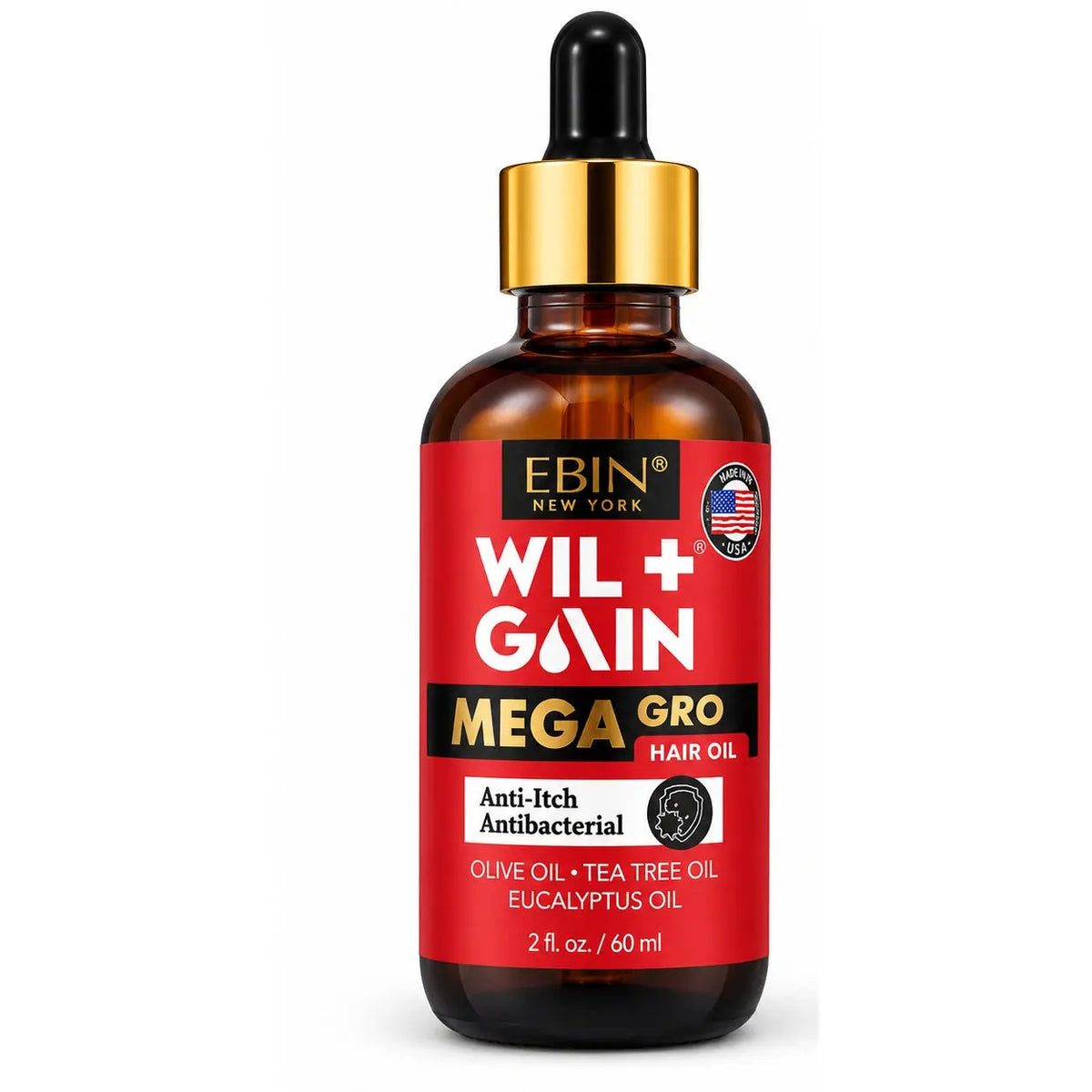 EBIN New York WIL+GAIN Mega Gro Anti-Itch Antibacterial Hair Oil 2 oz