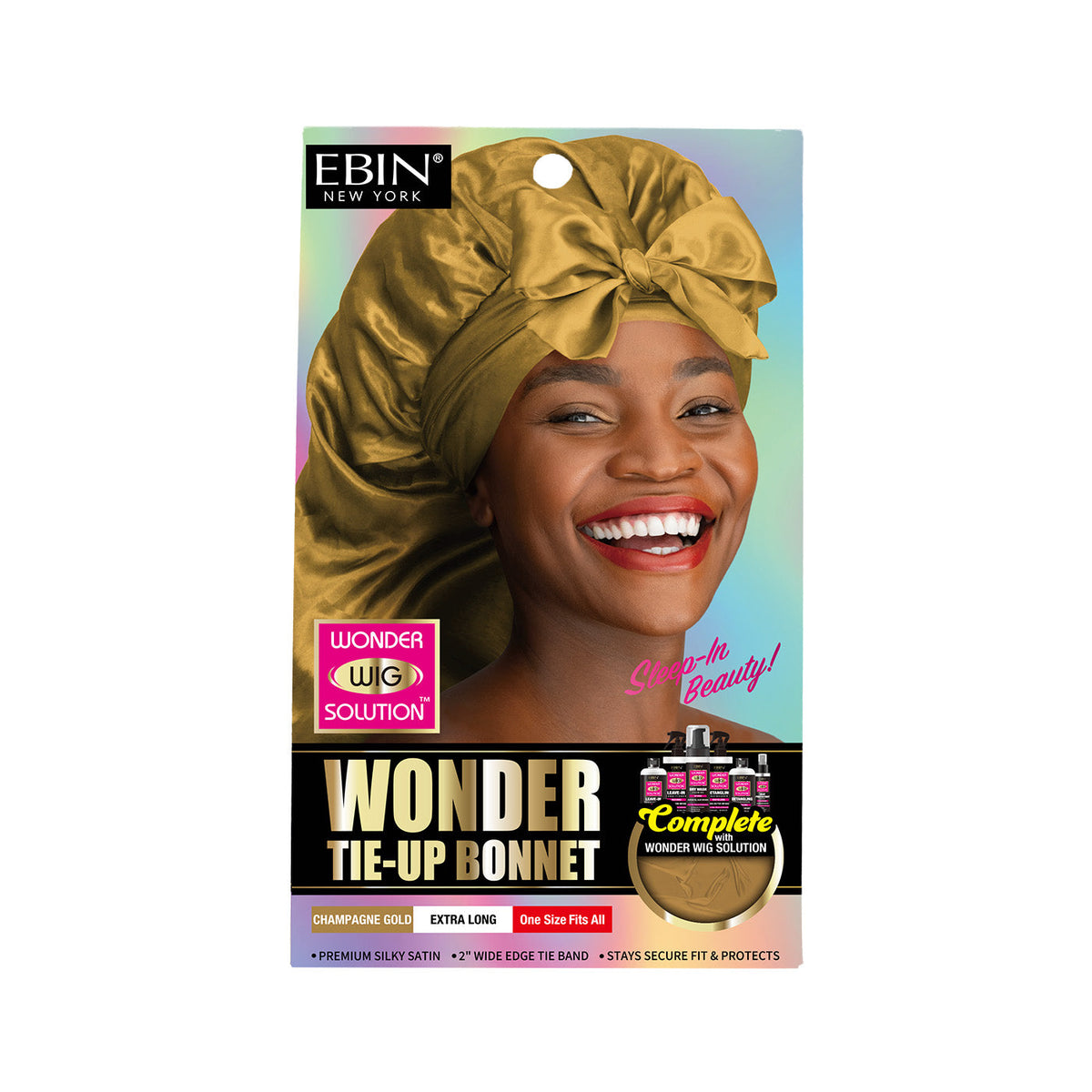 Ebin Wonder Tie-Up Bonnet Champagne Gold Extra Long front packaging