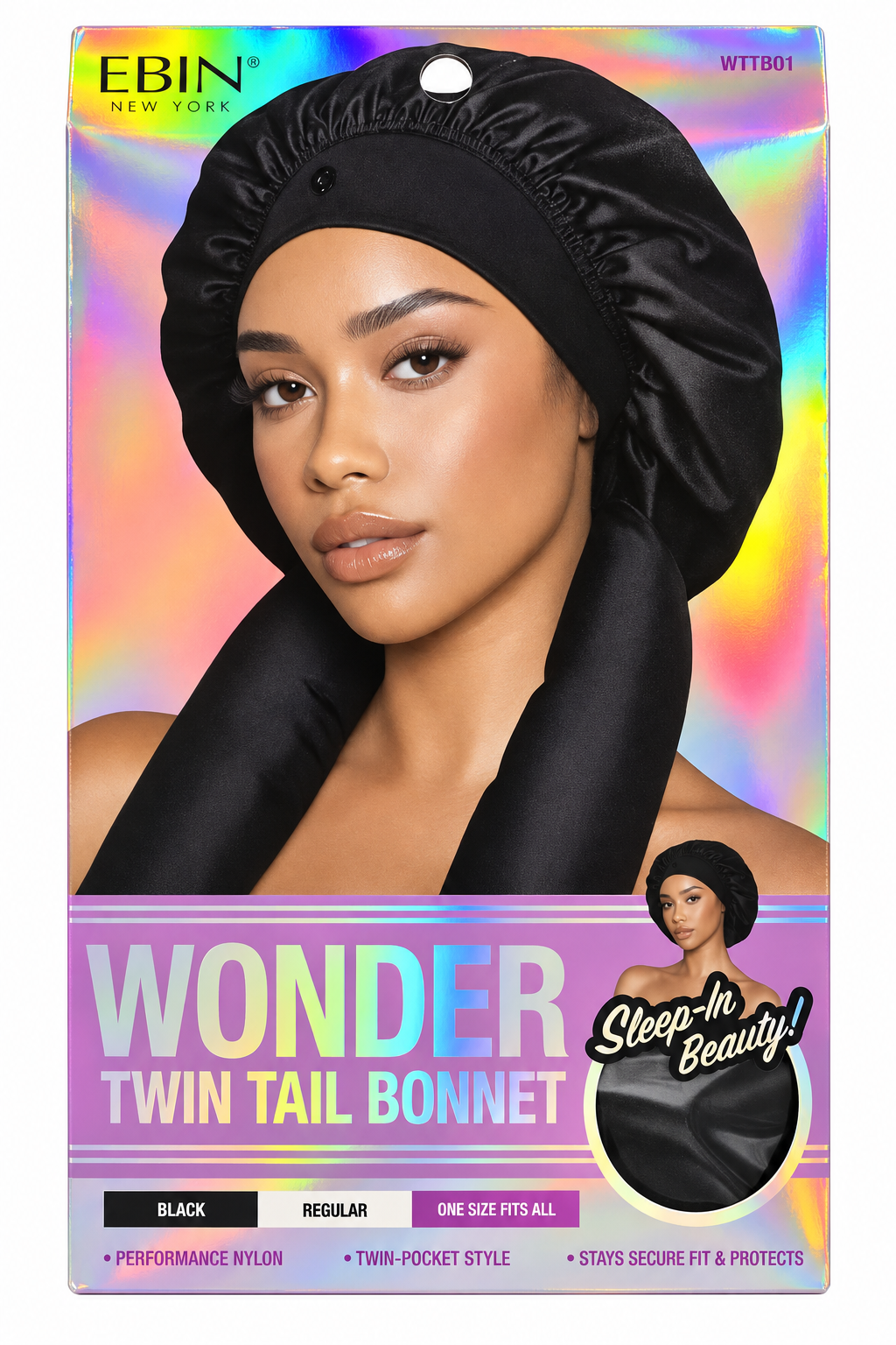 Ebin New York Wonder Twin Tail Bonnet WTTB01 Black Regular, front packaging