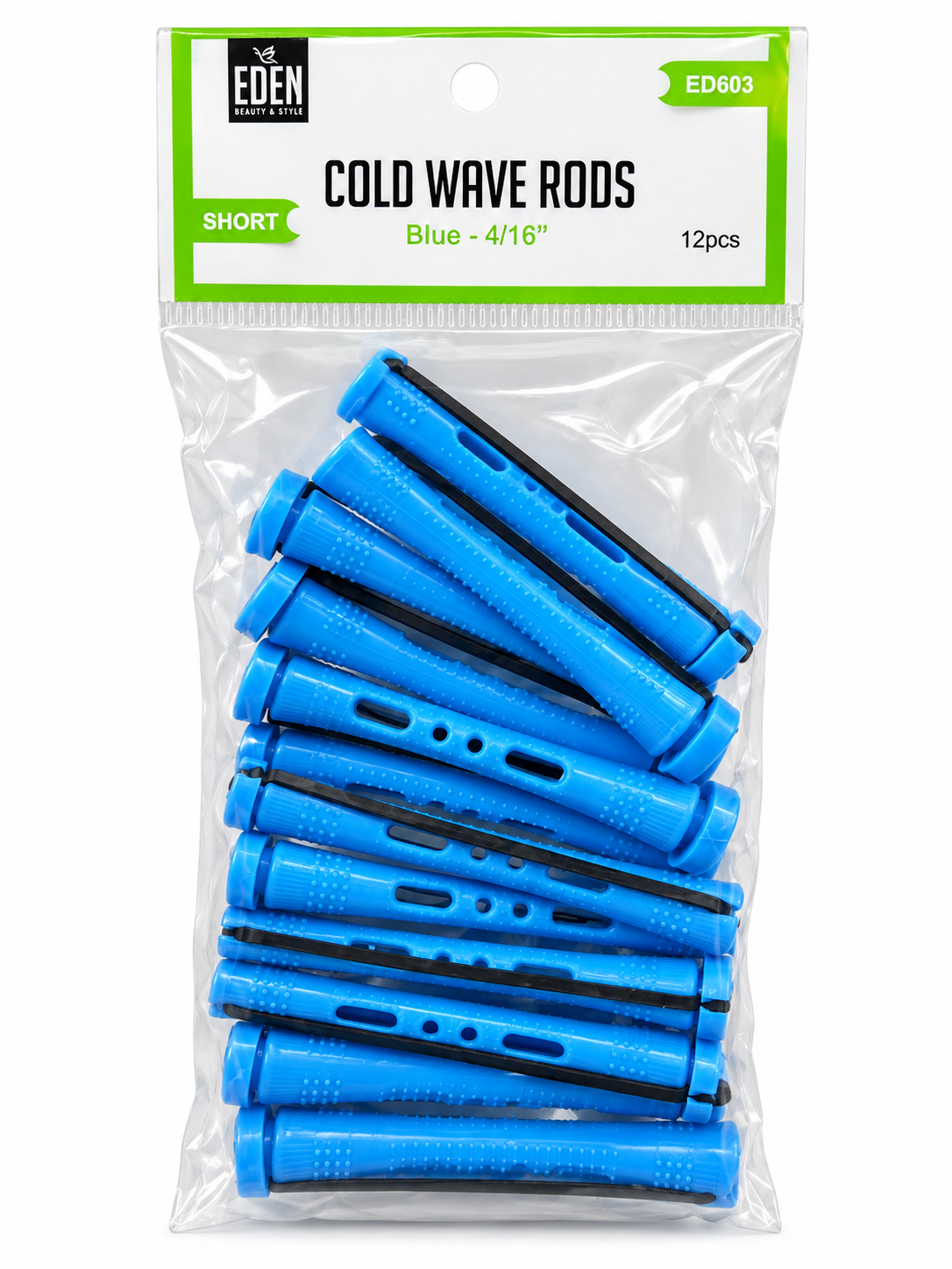 Eden Short Cold Wave Rods 1/4 Inch, 12 Count, Blue in retail package on white background