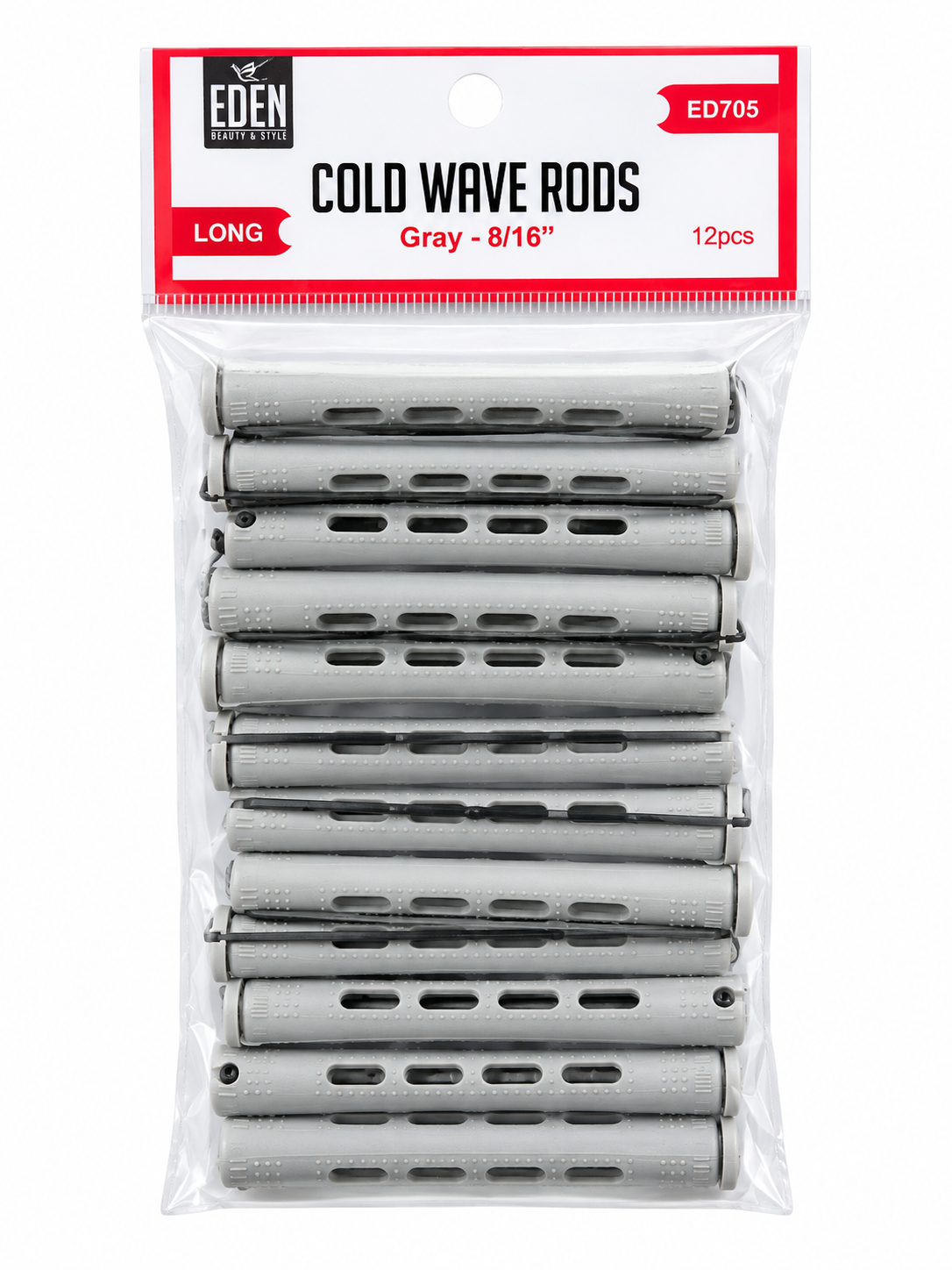 Eden Long Cold Wave Rods 1/2 Inch, 12 Count, Gray in retail package on white background