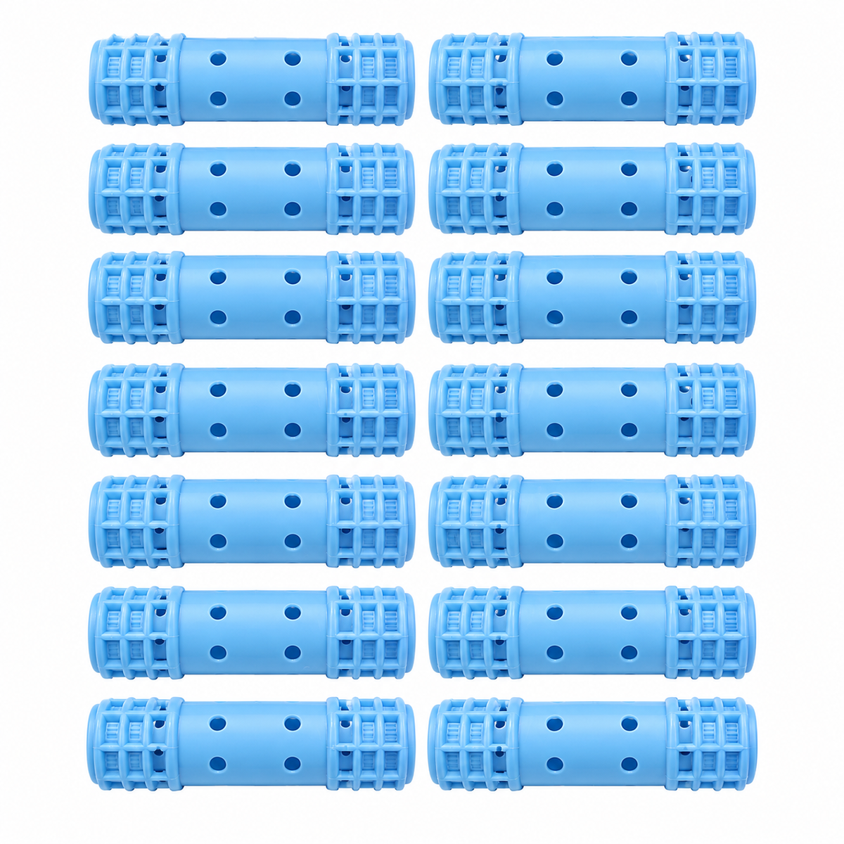 Fourteen Eden ED101 small blue half-inch snap-on magnetic hair rollers on a white background