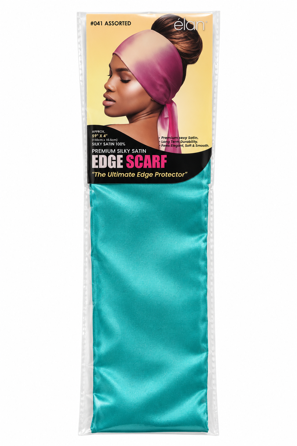 Élan 041 premium silky satin edge scarf in teal front package on white background