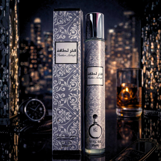 Fakhar Black inspired 35 ml eau de parfum travel spray in silver-and-black box with bottle