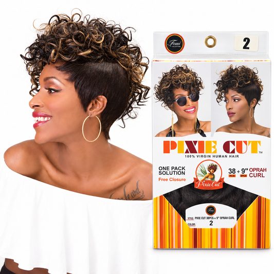 Femi Pixie Cut Oprah Curl model with highlighted curls beside the color 2 hair package