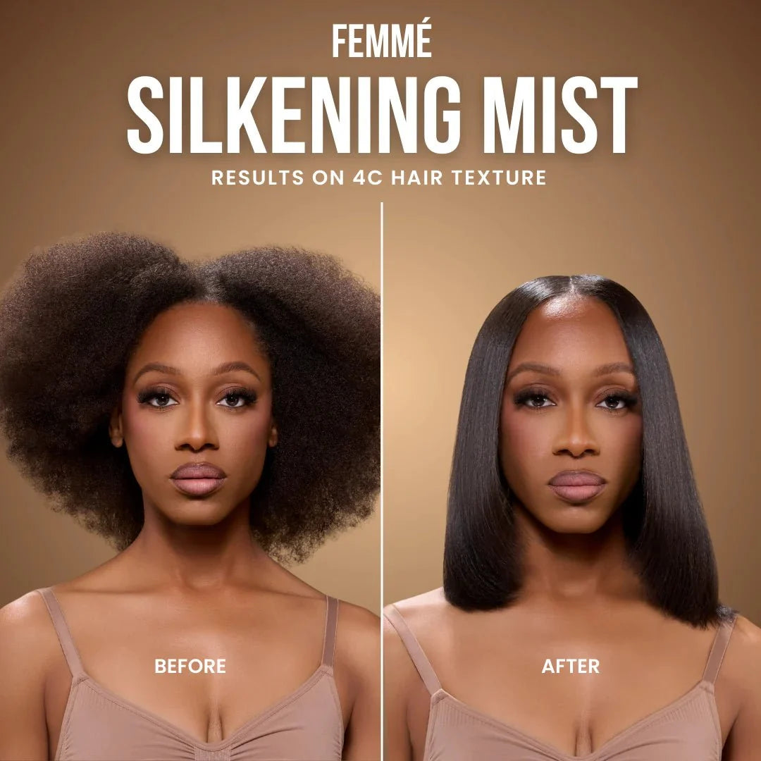 Femme Silkening Mist before-and-after silk press demonstration