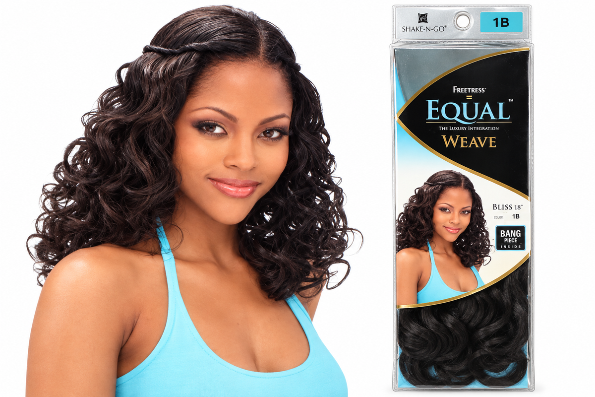 Freetress Equal Bliss 18-inch synthetic weave catalog styling example with color 1B package