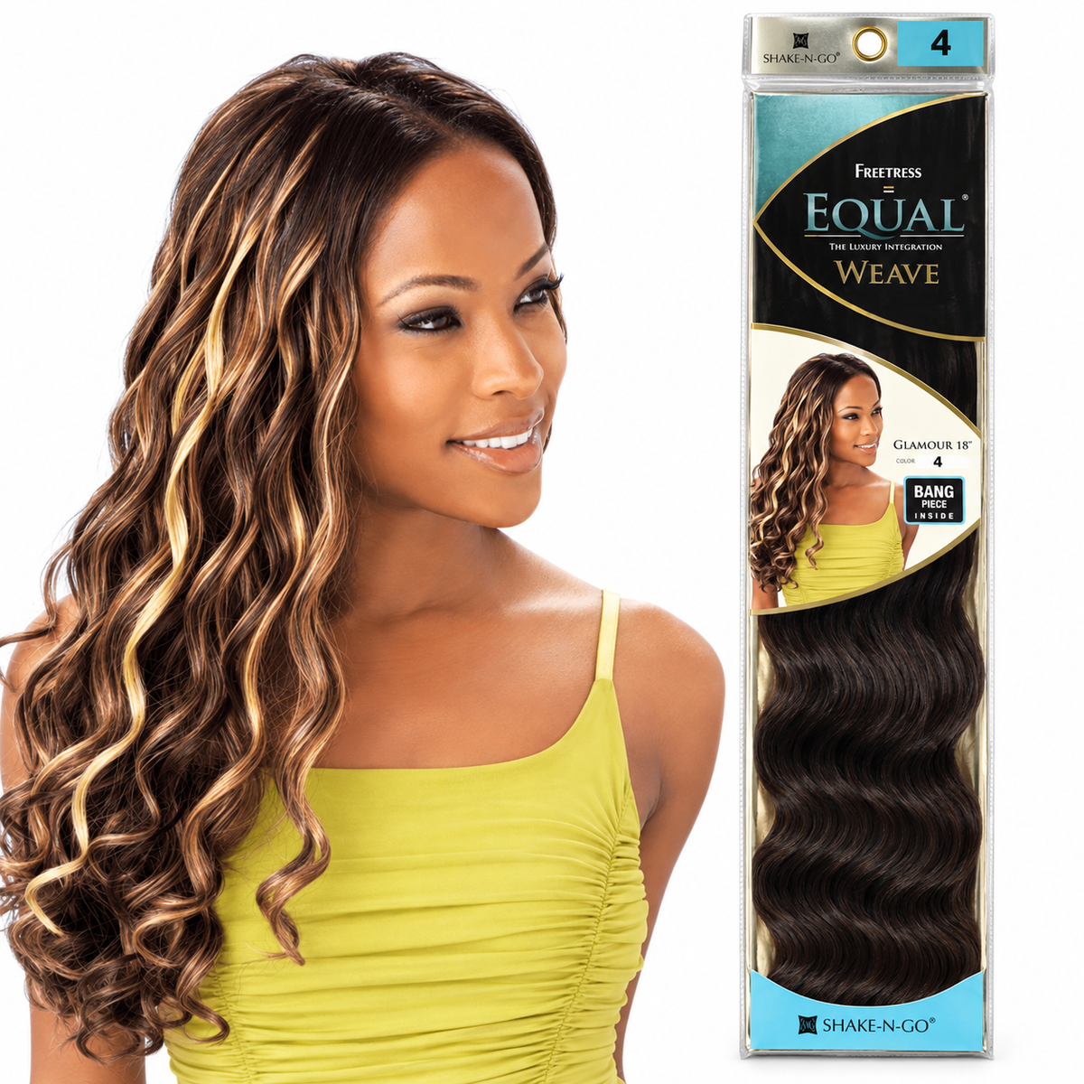 Freetress Equal Glamour 18 inch catalog styling example in P130 beside color 4 package