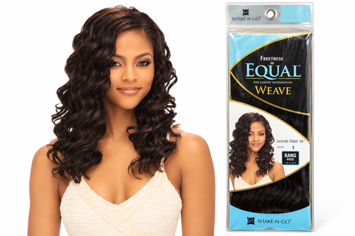 Freetress Equal Loose Deep 16-inch synthetic weave catalog styling example with package