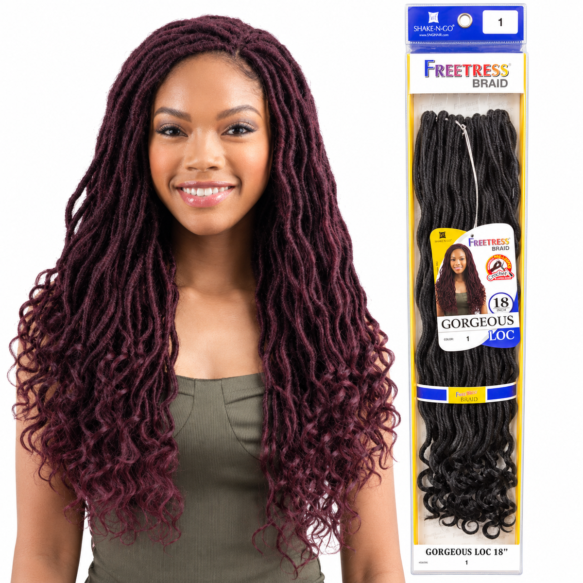 Freetress Gorgeous Loc 18 inch model in 99J with color 1 retail pack