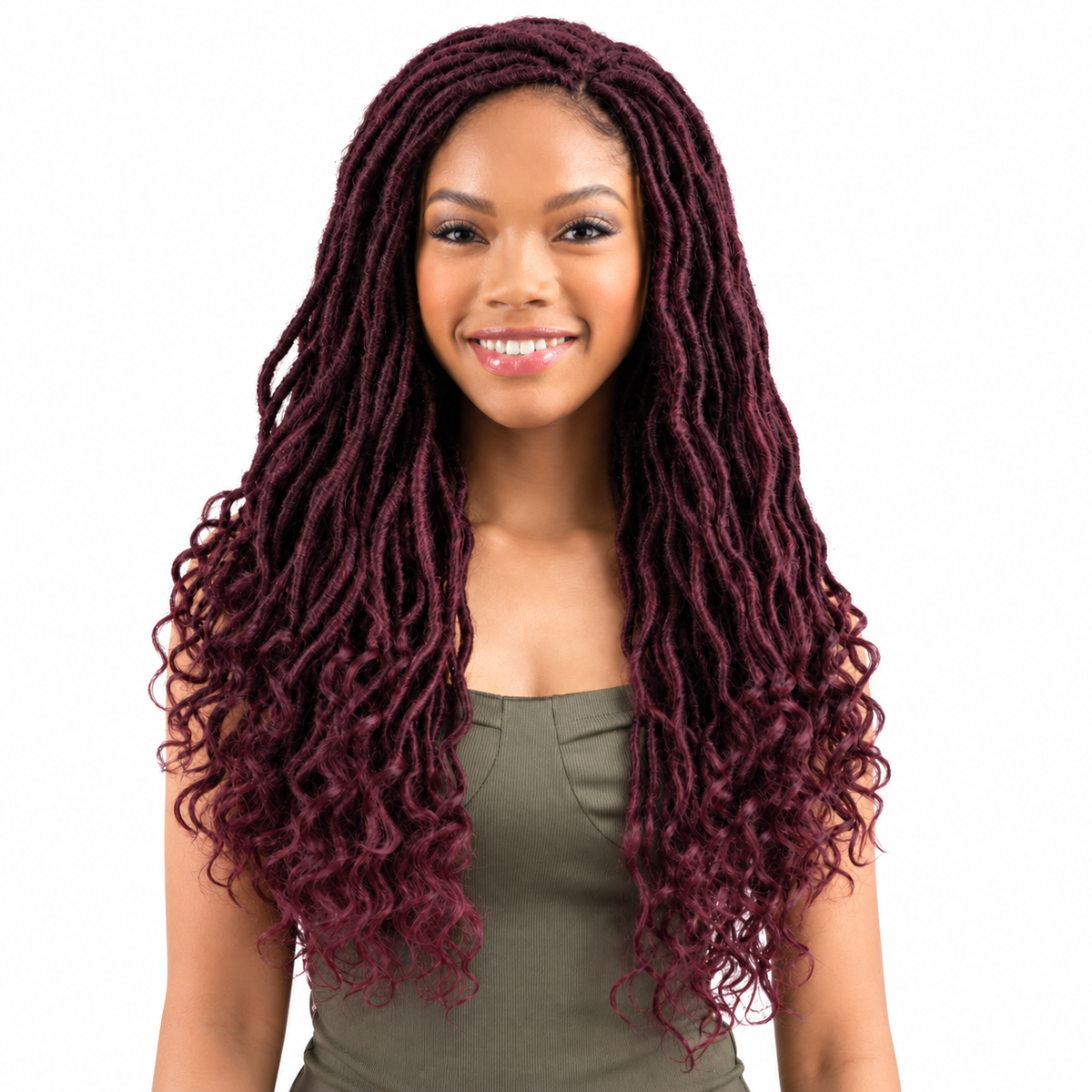 Freetress Gorgeous Loc 18 inch model wearing manufacturer demonstration shade 99J
