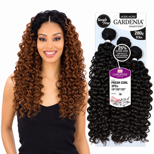 Model Model Gardenia Fresh Curl model wearing OT30 beside full color 1B 18/20/22-inch retail package