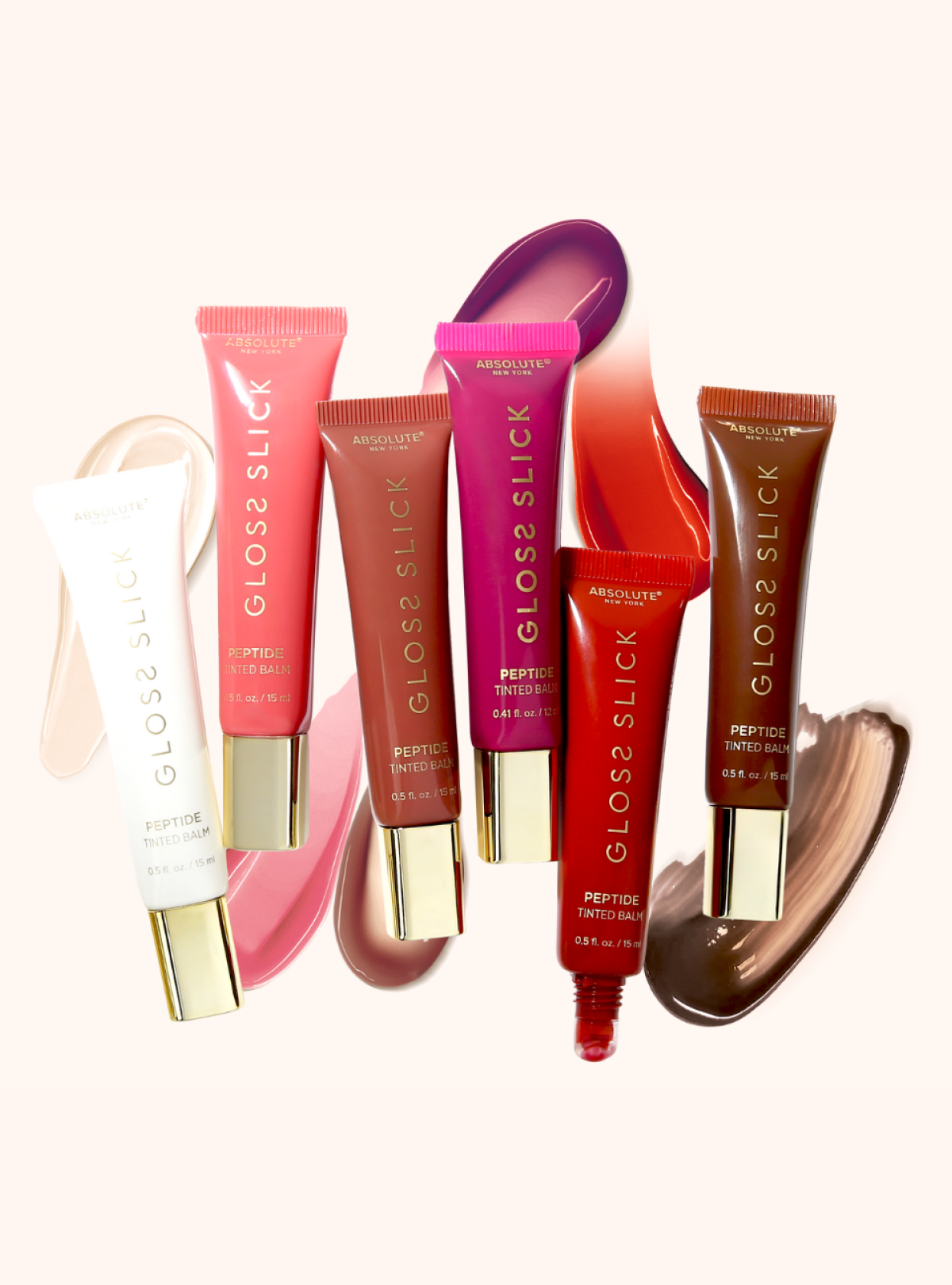 Absolute New York Gloss Slick Peptide Tinted Balm – Six shades with balm swatches