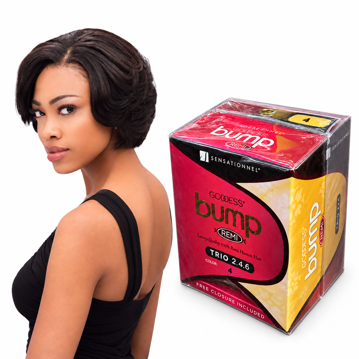 Sensationnel Goddess Bump Remi Trio color 4 box beside model