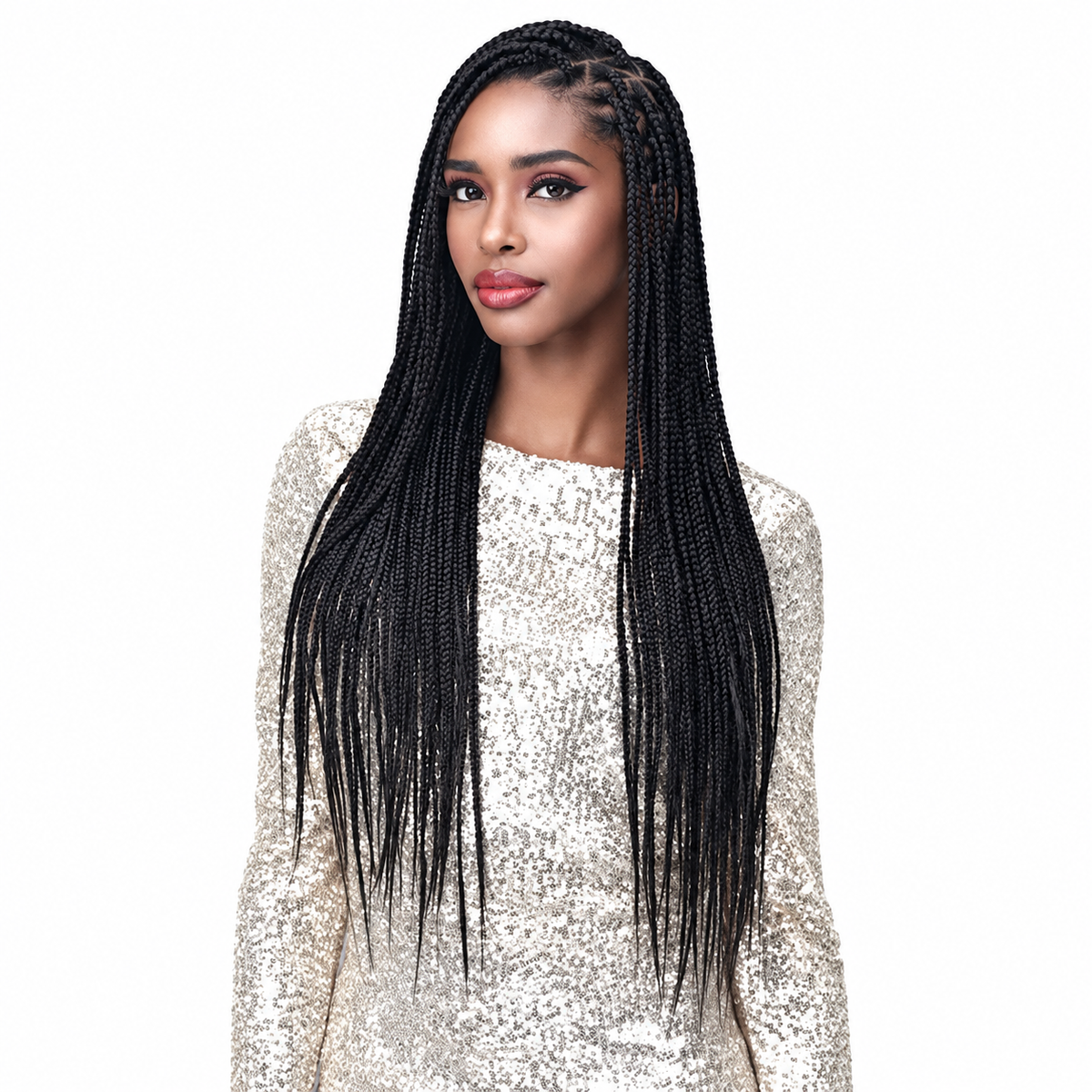 Bobbi Boss 3X Boss Braid Pre-Stretched Braiding Hair 54" — model hairstyle on white