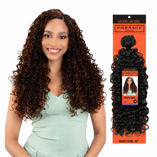 Model Model Embrace Mastermix Tahiti Curl Weave 24 Inch styling model beside full retail package