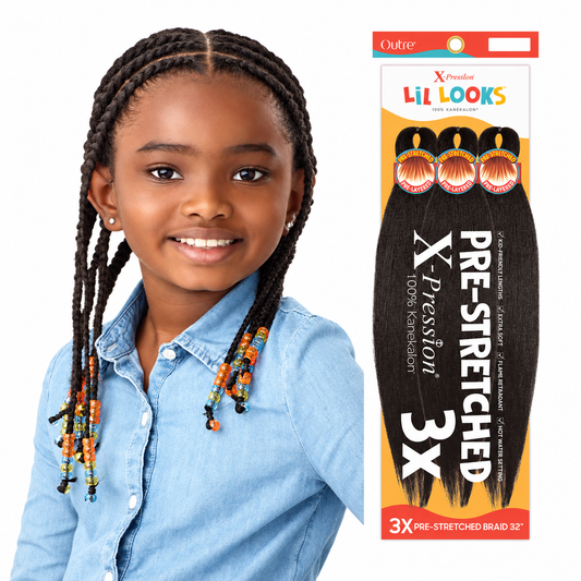 Outre Braids X-Pression Lil Looks 3X Pre-Stretched Braids 32" — model and full package on white