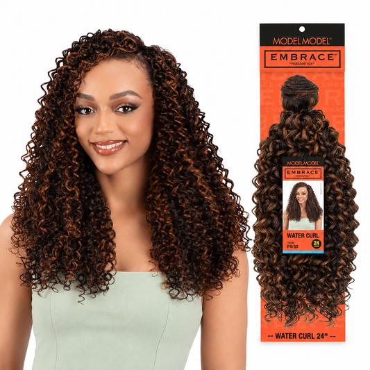 ModelModel Embrace Water Curl Weaving Hair - 24 Inches styling model beside full retail package