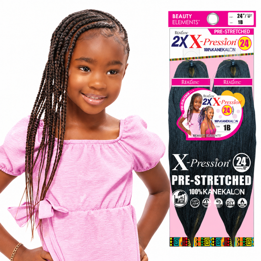 Realistic 2X X-Pression Pre-Stretched Braiding Hair – 24" — model and full package on white
