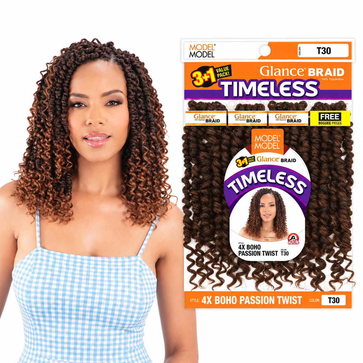 Model Model Glance Timeless 4X Boho Passion Twist styling model beside full T30 retail package