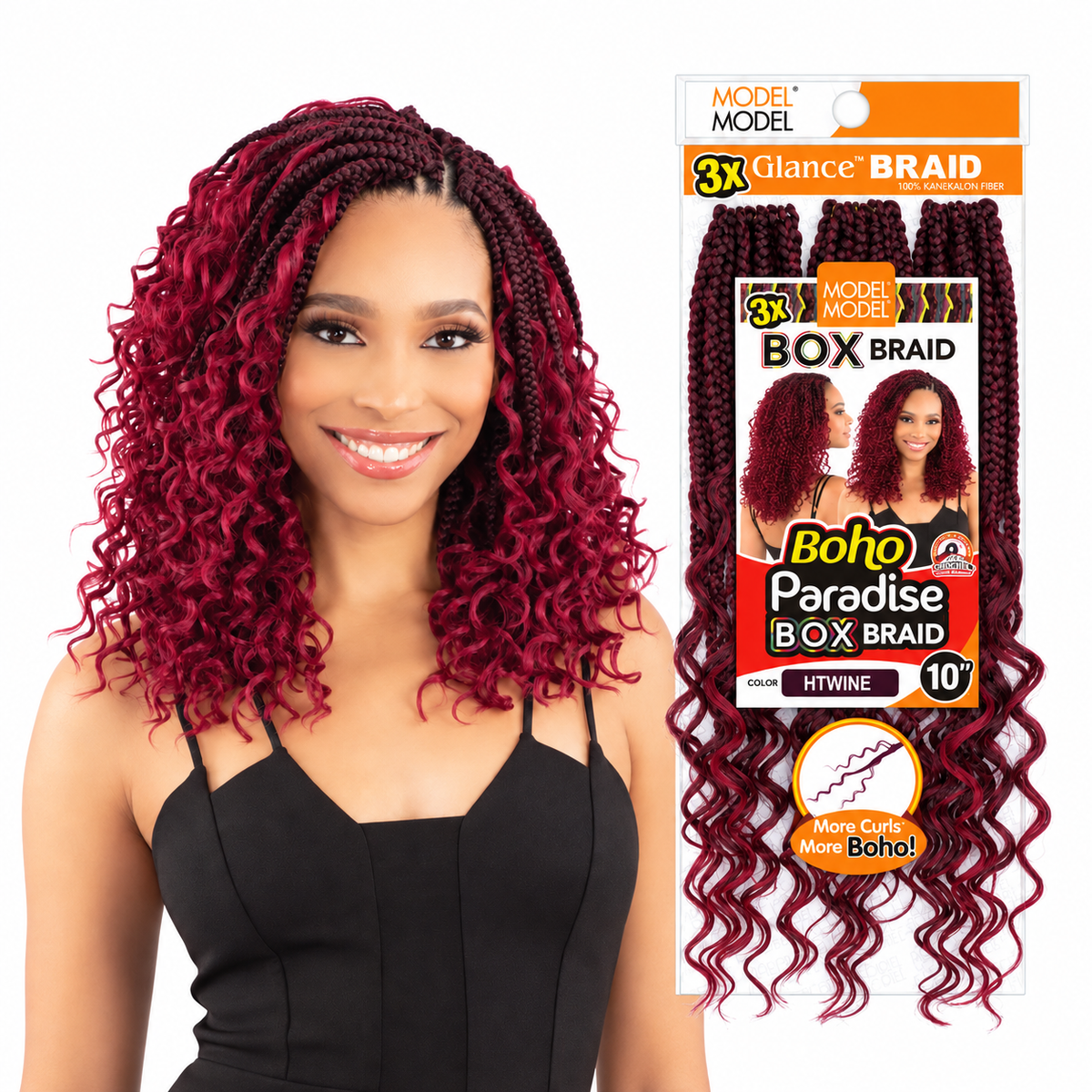 Model Model Glance 3X Boho Paradise Box Braid 10 Inch HTWINE styling model beside full retail package