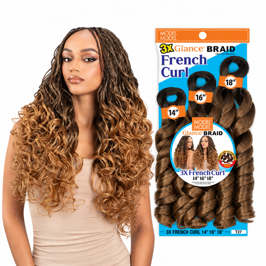 Model Model Glance 3X French Curl Braid 14"/16"/18" styling model beside full retail package