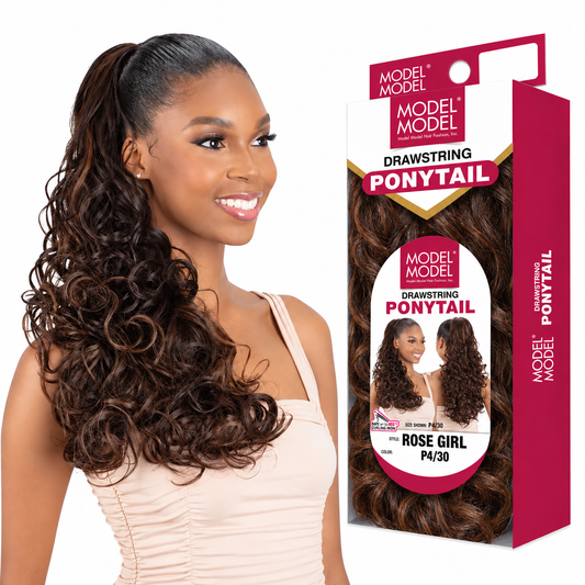 Model Model Rose Girl Drawstring Ponytail styling model beside full retail package