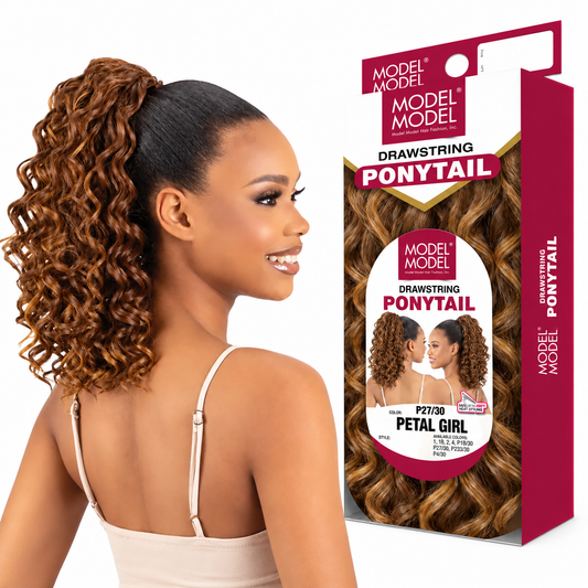 Model Model Petal Girl Drawstring Ponytail styling model beside full retail package