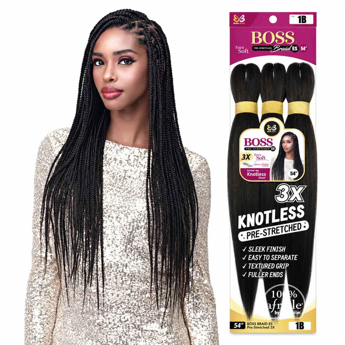 Bobbi Boss 3X Boss Braid Pre-Stretched Braiding Hair 54" — model and full package on white