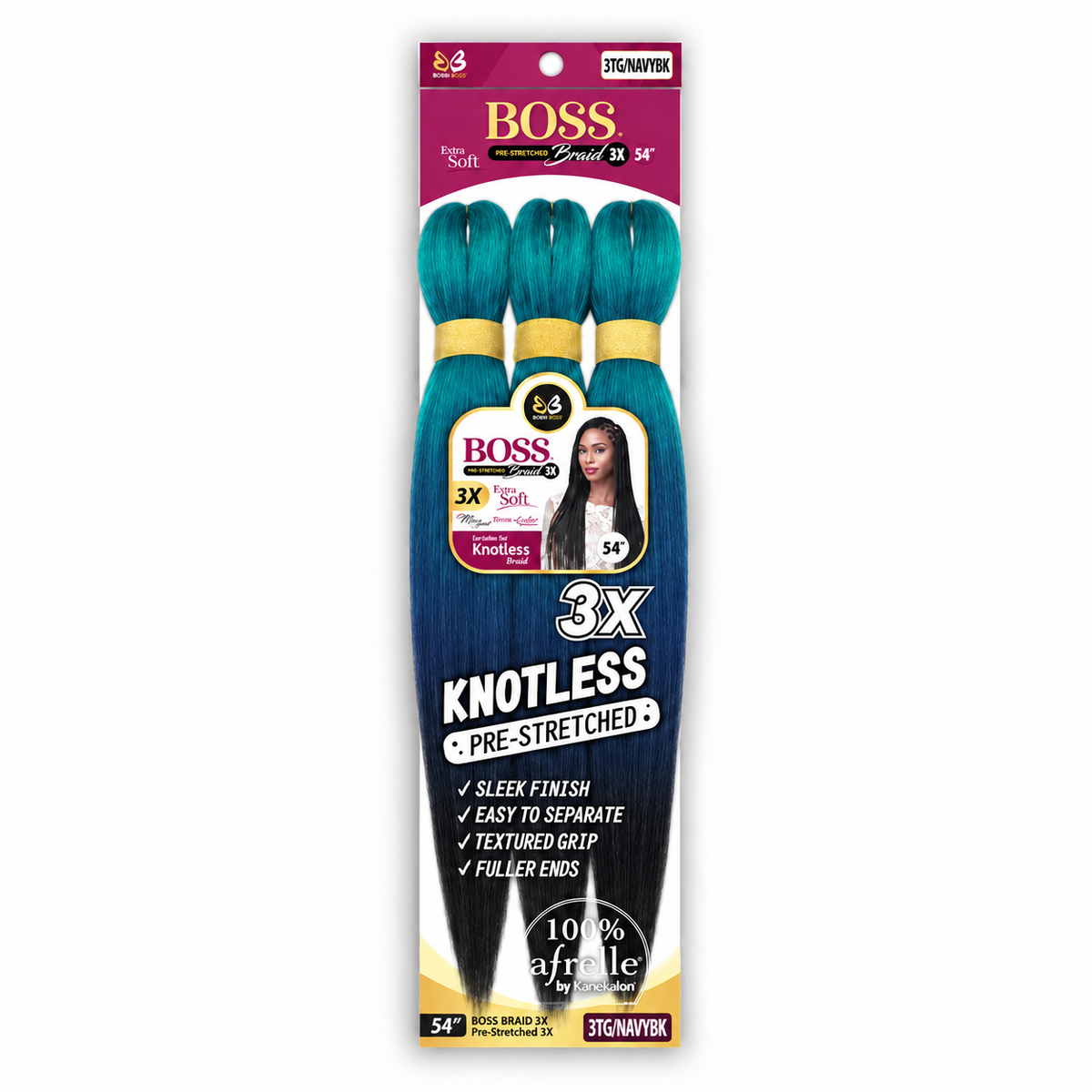 Bobbi Boss 3X Boss Braid Pre-Stretched Braiding Hair 54" — 3TG/NAVYBK full package on white