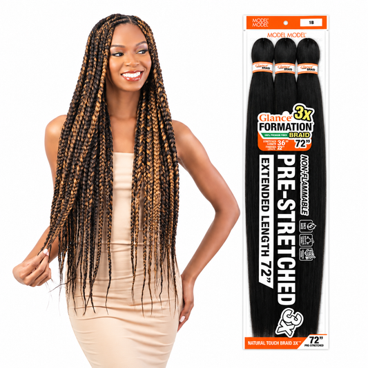 Model Model Glance 3X Formation Pre-Stretched Braid 72 Inch styling model beside full retail package