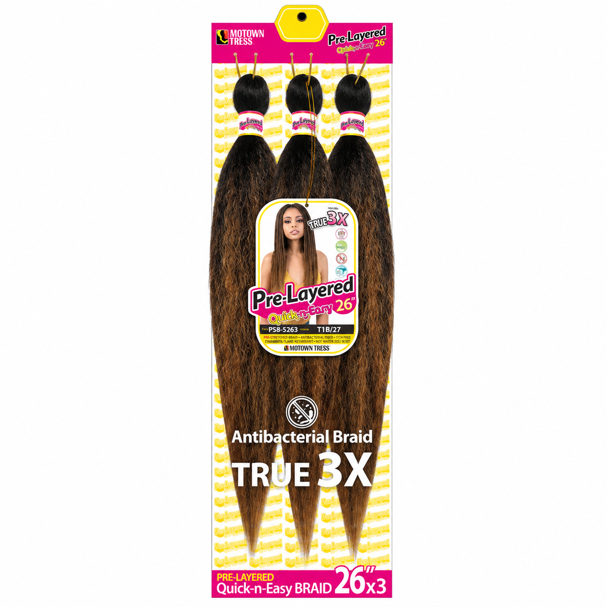 Motown Tress 3X Pre-Stretched Braiding Hair 26" — T1B/27 full package on white