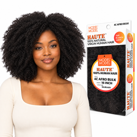 Model Model Haute 4C Afro Bulk 16 Inch natural black styling example beside full retail package